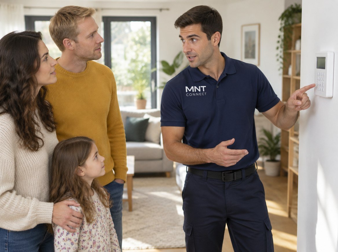 Tecnico MNT Connect spiega il funzionamento dell'impianto a una giovane famiglia